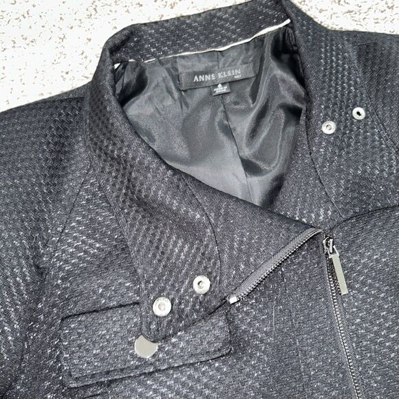 Anne Klein Black Textured Moto Jacket Zipper Front Snap Accent 8 - Picture 2 of 9
